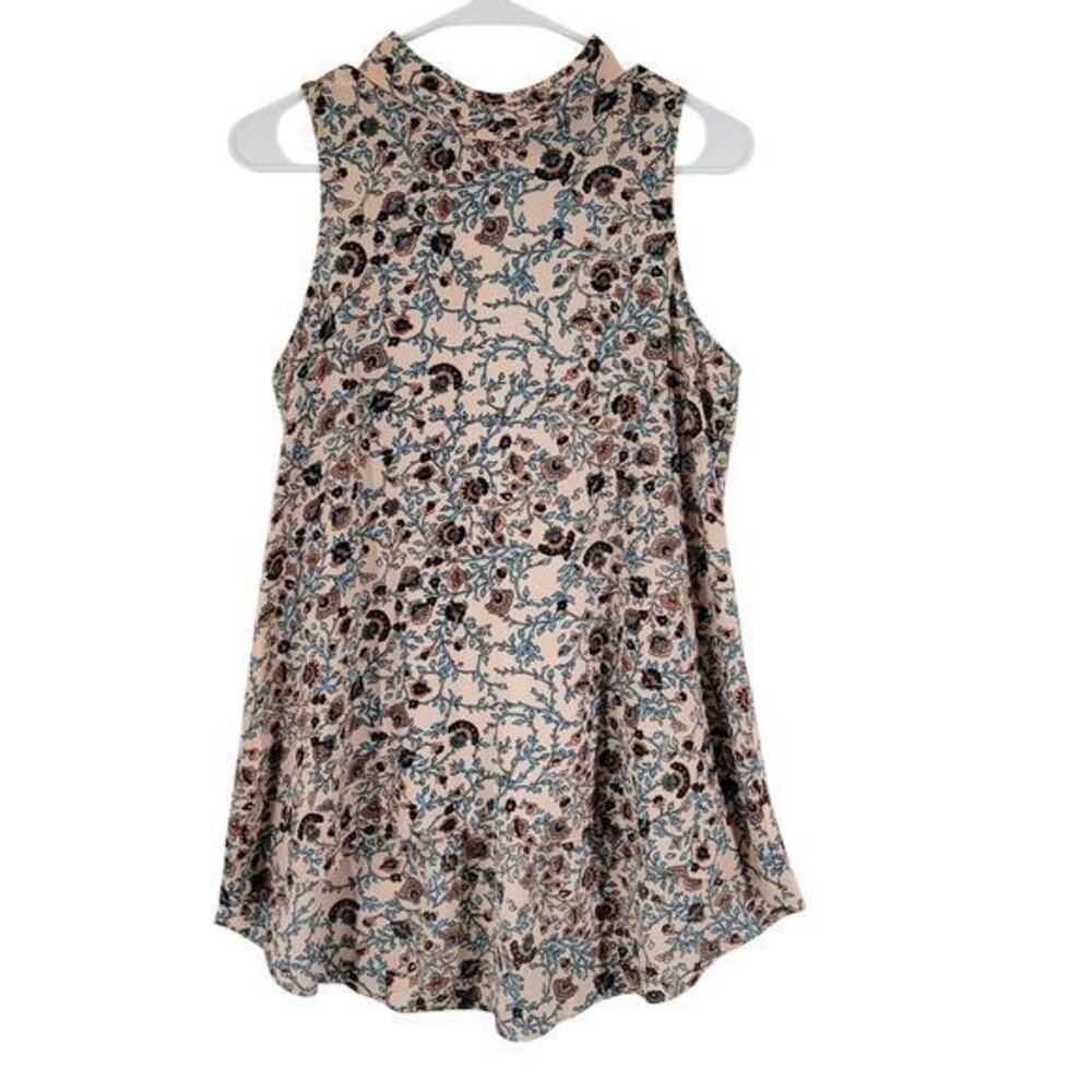 Bobeau Romantic Floral Blouse Top Womens Small Beige Blue Back Collar